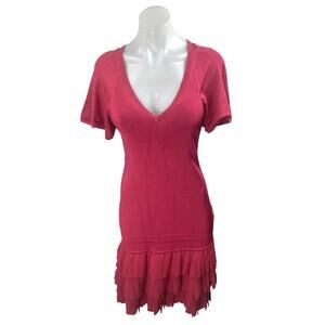 Karen Millen Red Knit Short Sleeve V Neck Tiered Ruffle Mini Bodycon Dress Sz 3